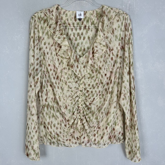 CAbi Tops - Cabi size XL Dapple top long sleeve ruched ruffle v-neck stretch mesh beige 4532